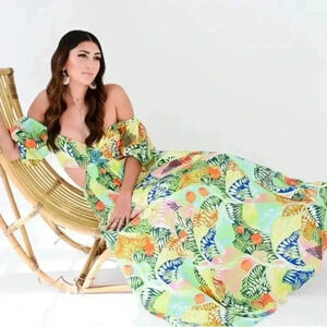 STAUD Coliseum Off-The-Shoulder Linen Tropical Print Dress Size 8